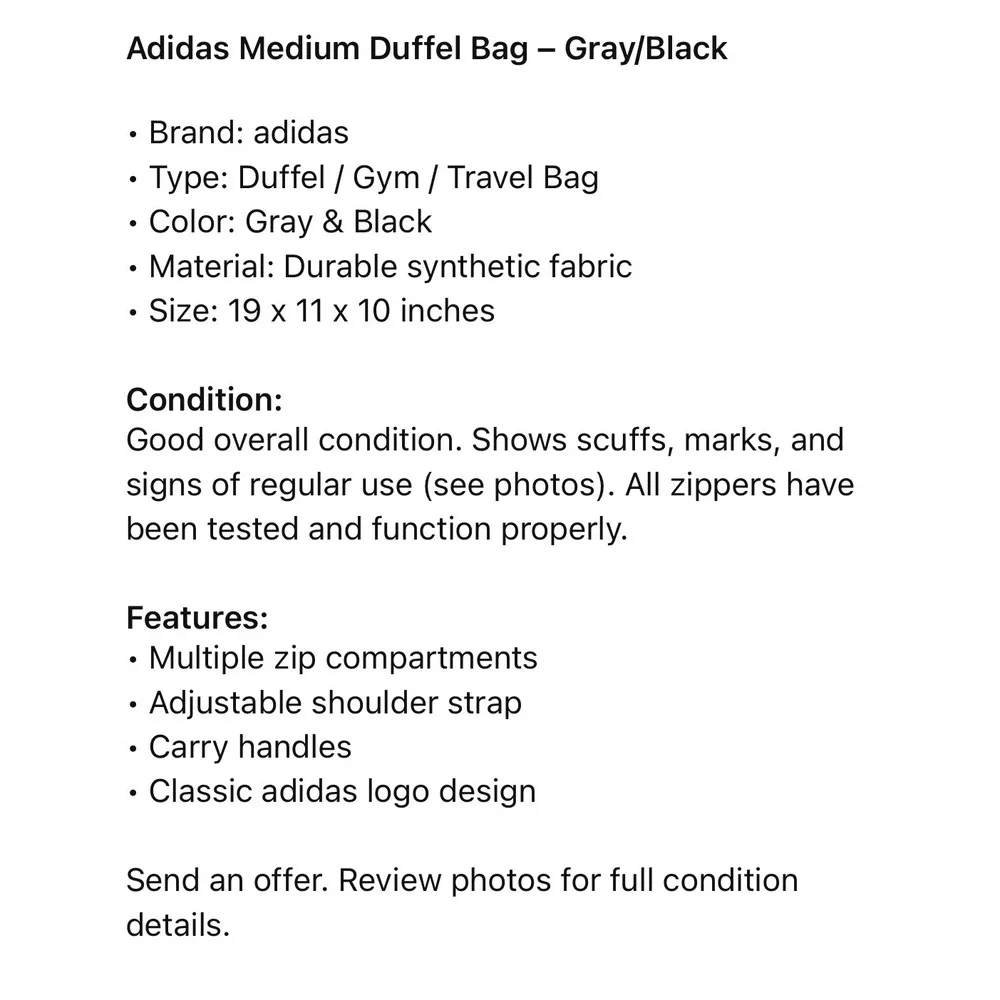 Adidas Black Gray Duffle Bag‎ Gym Sports Travel Carry On Weekend Zip